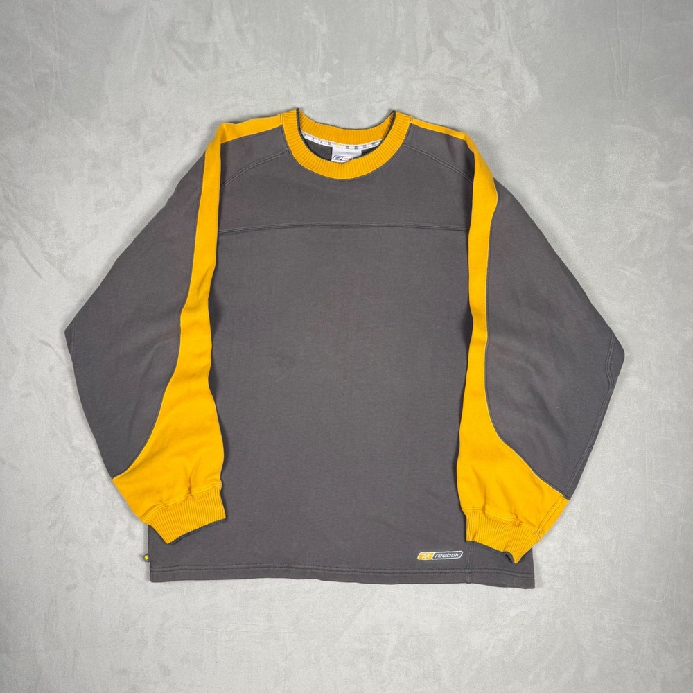 Y2K Mens Reebok Colorblock Crewneck Sweatshirt Streetwear Grey Yellow Medium